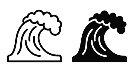 Fototapeta premium ocean wave icon set featuring outline and solid silhouette styles for surfing beach summer travel nature weather and water sports