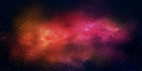 A vibrant cosmic nebula paints the dark expanse of space with swirling clouds of fiery orange, deep red, and brilliant pink hues, dotted with distant stars. © RD Visuals