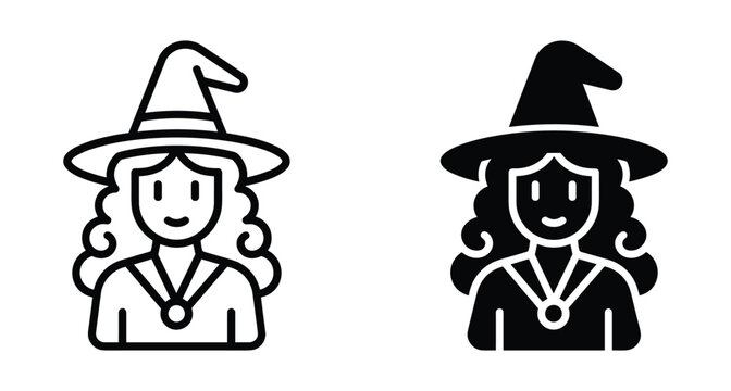 Witch icon set featuring female character with pointed hat and curly hair in outline and solid glyph styles for Halloween