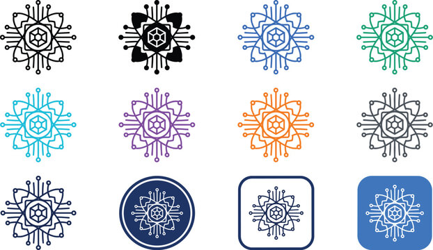 Quantum computing icon set with digital circuit nodes microprocessor chip and atomic orbit paths representing advanced cryptography and future tech vector