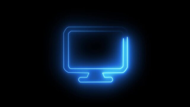  neon computer monitor icon within a larger neon rectangle on black background, digital effects laptop computer neon lights effect. 4k animation video. 