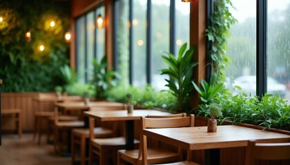 Fototapeta premium Cozy cafe interior with wooden tables and chairs. Lush green plants fill the space near windows showing rainy weather outside. Warm ambient lighting creates inviting atmosphere.