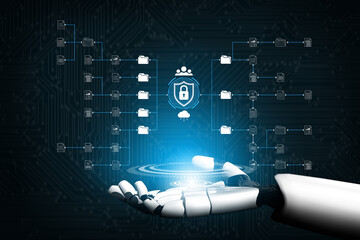 Obraz premium Futuristic Robotic Hand with Digital Lock Symbol on Data Protection Concept with Cloud Storage and Secure File Management Systems in a Virtual Environment. Sentient.