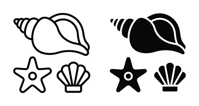 Seashell and starfish icon set featuring conch scallop and sea star in outline and solid black minimalist vector icons