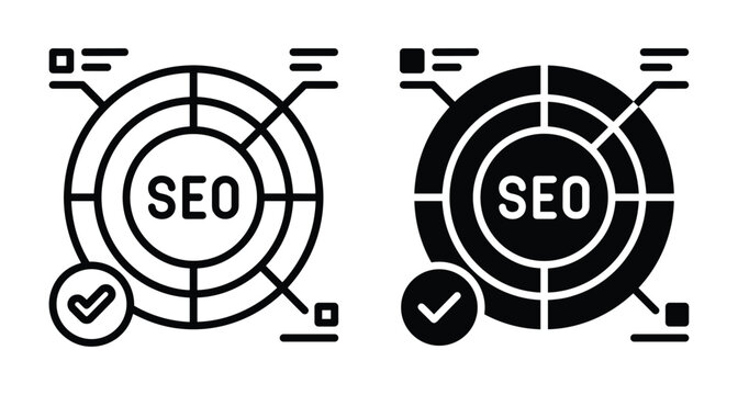 SEO optimization icon set featuring circular data charts with checkmark symbols for search engine marketing strategy and web analytics performance tracking