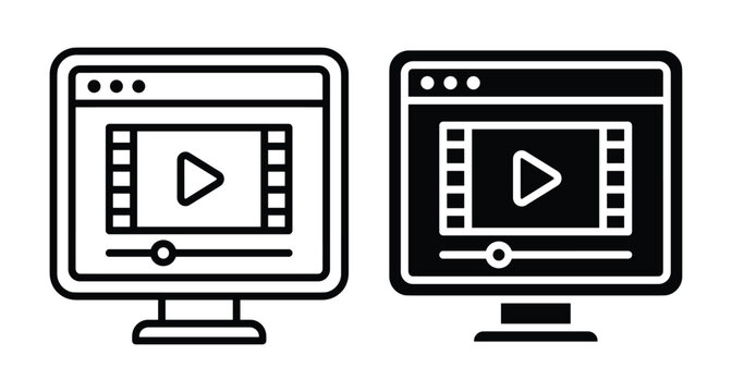 Video player interface on computer monitor screen icons in outline and solid styles for web design and multimedia applications