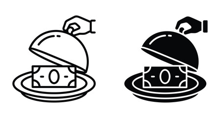 Fototapeta premium Hand lifting restaurant cloche to reveal money banknote on plate icon set representing payment service tip bribe and financial reward