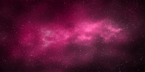 A vibrant pink nebula swirls with cosmic dust and distant stars, creating a breathtaking expanse of deep space. © RD Visuals
