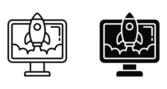 Rocket launch icon on computer monitor screen representing business startup growth digital marketing speed performance technology development and project deployment
