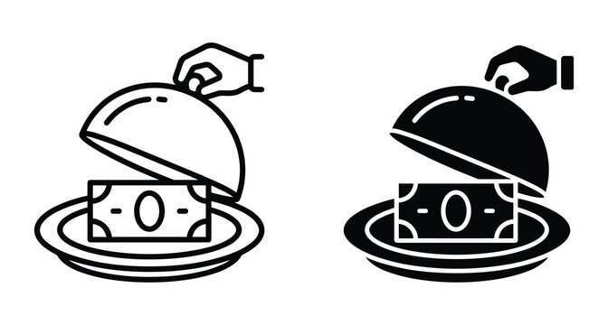 Hand lifting restaurant cloche to reveal money banknote on plate icon set representing payment service tip bribe and financial reward