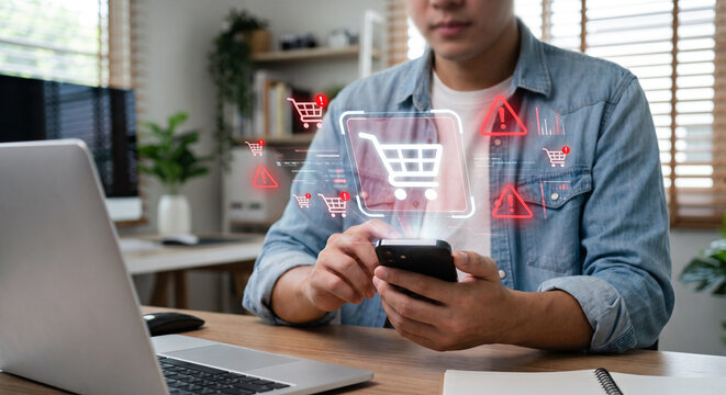Person using smartphone with online shopping interface and digital security warning icons for ecommerce fraud and cybersecurity awareness