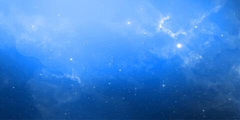 A mesmerizing abstract background featuring a deep blue ethereal nebula with glowing stardust and light flares, capturing the vast mystery of the cosmic galaxy in a dreamlike atmosphere. © RD Visuals
