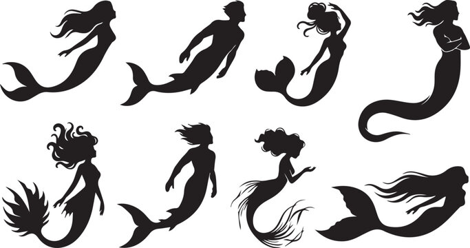 Set of elegant mermaid and merman silhouettes swimming and posing showcasing graceful mythical characters