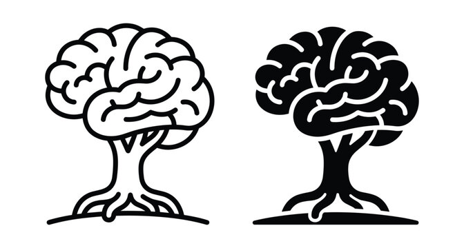 Brain tree icon set representing mental growth knowledge wisdom psychology and neurology in outline and solid black silhouette vector style