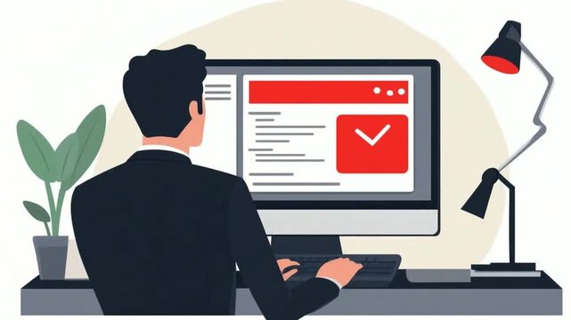 Businessman working on computer with email notification flat for corporate digital communication concepts