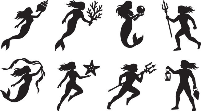 Set of mermaid and merman silhouettes holding ocean items like trident seashell pearl and starfish