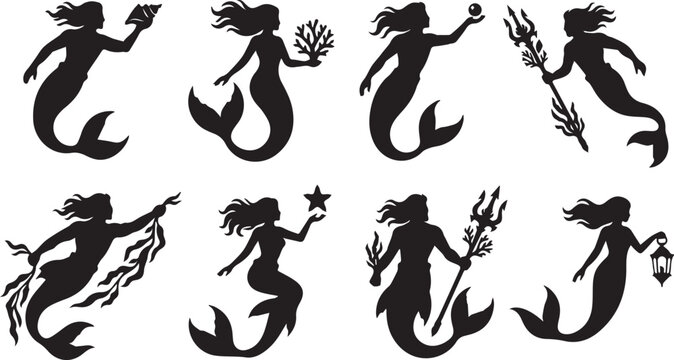 Set of mermaid and merman silhouettes holding ocean items like trident seashell pearl and starfish