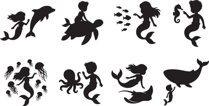 Set of mermaid and merman silhouettes interacting with marine animals like dolphin turtle whale and octopus