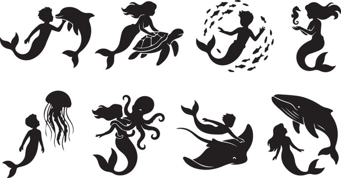 Set of mermaid and merman silhouettes interacting with marine life animals like dolphin whale and turtle
