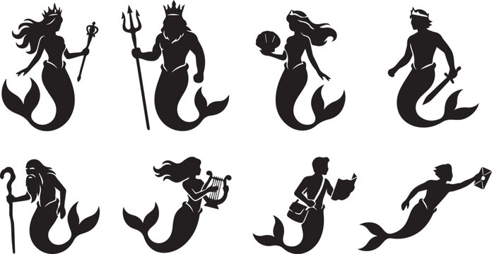 Set of mermaid and merman silhouettes featuring mythical ocean creatures king neptune and sea royalty poses