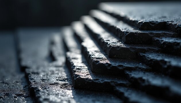 Stacked graphite crystal layers show dense texture with metallic sheen. Material is dark grey, rough, and textured. Useful for tech and mining concepts.
