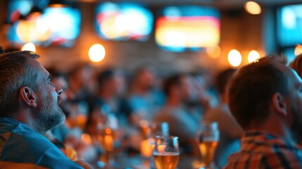 Naklejka premium German sports fans watching match in lively pub with empty wall space for copy