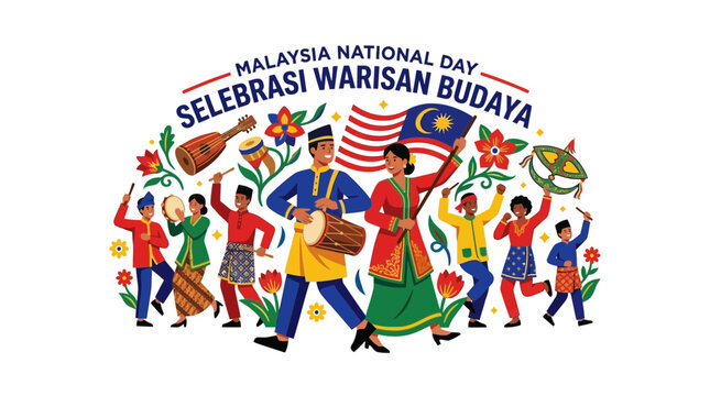 Malaysian National Day Celebration with People in Traditional Heritage Costumes and Folk Music