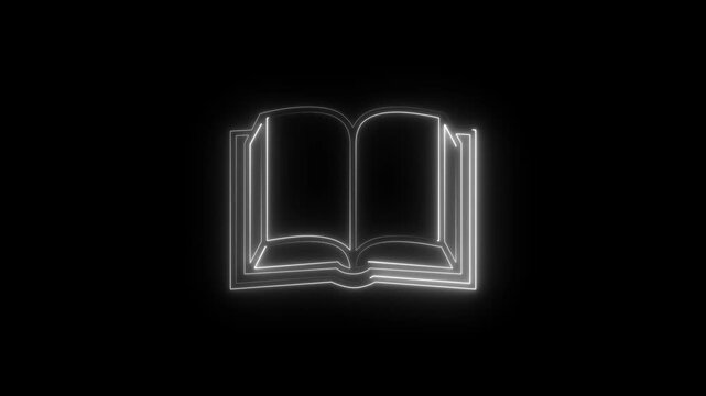 White glowing open book icon animation on black background. Ideal for education, knowledge, reading, online learning, libraries, presentations and digital media projects.
