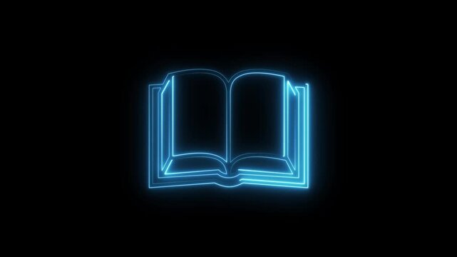 Blue glowing open book icon animation on black background. Perfect for education, e-learning, knowledge, libraries, academic presentations and digital motion graphics.