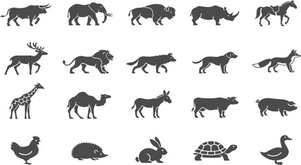 Animal silhouettes icons set with wild and domestic mammals birds and reptiles vector illustration. © MdHasinur