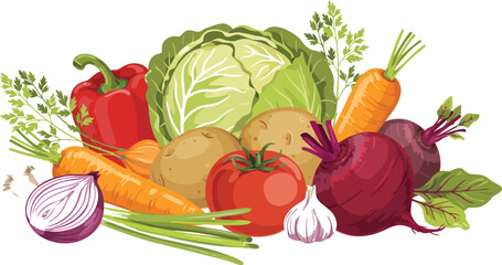Fresh organic vegetables pile vector illustration with hand drawn raw farm food isolated on white background. © MdHasinur