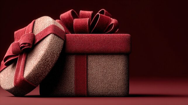 Minimal red gift box opened with red ribbon on dark red background, 3D concept