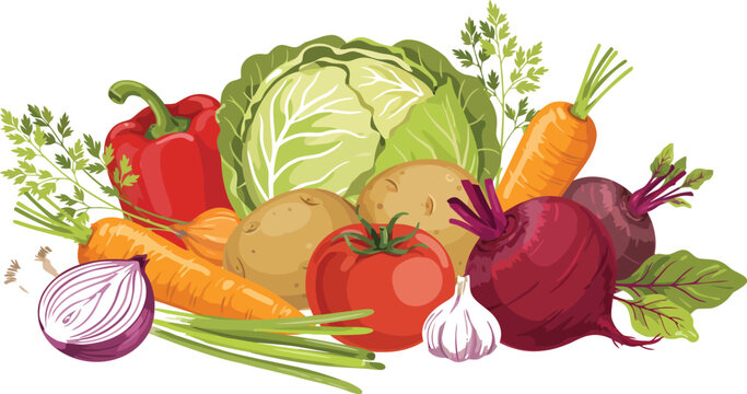 Fresh organic vegetables pile vector illustration with hand drawn raw farm food isolated on white background.