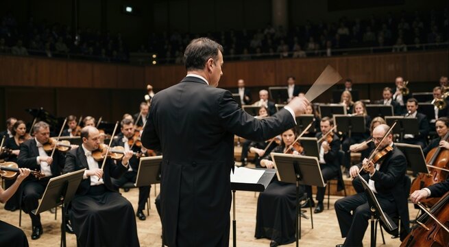 Conductor leading a symphony orchestra with a baton. Classical musicians playing string instruments on stage during a concert