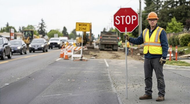 Construction worker holding a stop sign on a road. Traffic controller in safety gear at a highway work zone