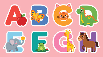 Obraz premium Vibrant educational vector illustration featuring colorful alphabet letters accompanied by cute animal and object characters for children learning basic language