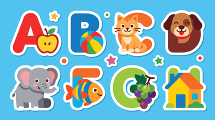 Fototapeta premium Colorful vector alphabet illustration featuring cute animals and objects for children learning their letters in a bright playful style