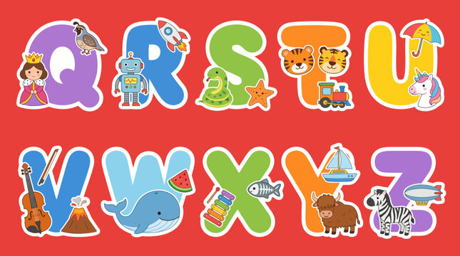 Colorful educational vector illustration featuring the letters q through z decorated with cute animals and objects for kids learning alphabet