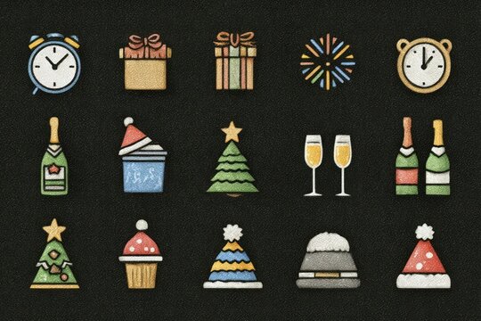 Minimal solid icon set with New Year party symbols like clock, champagne, fireworks, hats