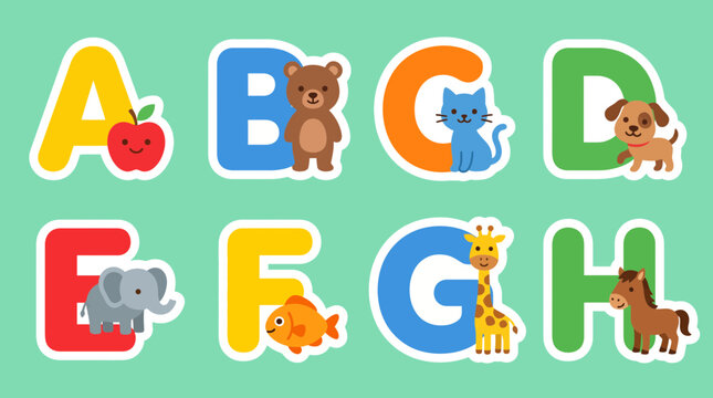 Colorful vector illustration featuring capital letters from a to h paired with cute animal characters for early childhood education purposes