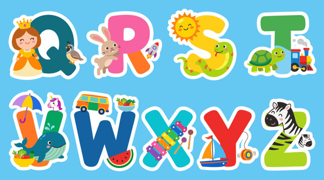 Colorful vector alphabet illustration featuring cute characters and objects for each letter from q to z for children education