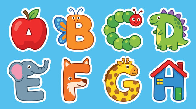 Colorful vector illustration of alphabet letters shaped as cute animals and objects designed for children learning basic english language education