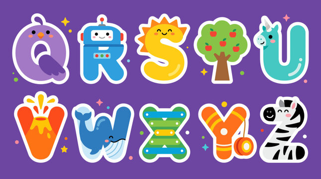 Colorful vector illustration featuring creative alphabet letters designed with cute characters and objects for children learning the English language basics