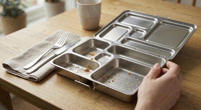 Empty stainless steel bento lunch box with food crumbs on a wooden table. Finished meal concept with reusable eco friendly container