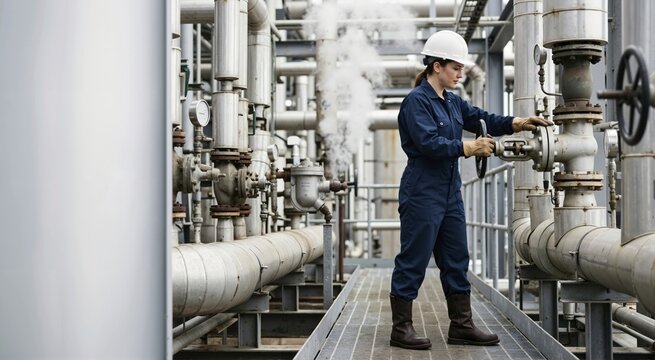 Female engineer in hard hat and coveralls adjusting a valve on metal pipes. Woman working in an industrial plant with venting steam