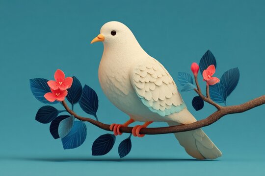 Minimal vector illustration of white dove holding olive branch on soft blue background, Peace Day design