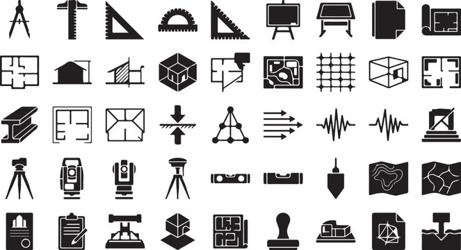 Black and white architecture and engineering icon set