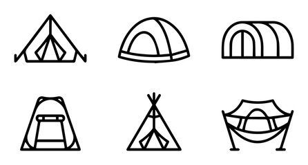 Fototapeta premium Minimalist Camping Tent Icons, Outdoor Shelter Vector Set, Adventure Gear Graphics, Travel Lodging Symbols