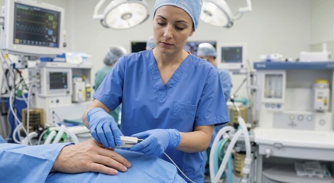 Female anesthesiologist attaching pulse oximeter to patient finger. Medical professional monitoring vital signs in hospital operating room