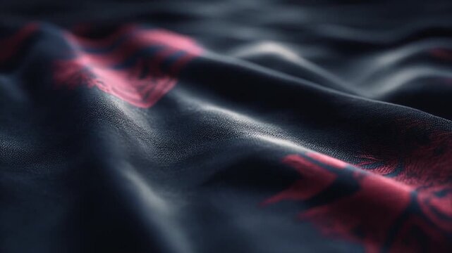 A close-up shot of a dark, textured fabric with subtle patterns in deep red hues